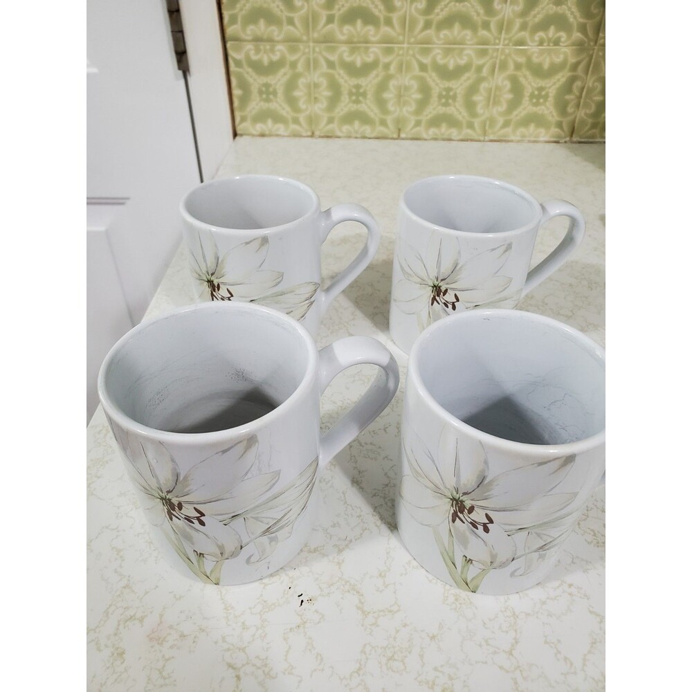 Corelle Coordinates White Lilly Flower Coffee Cup Mug Stoneware - Set of 4